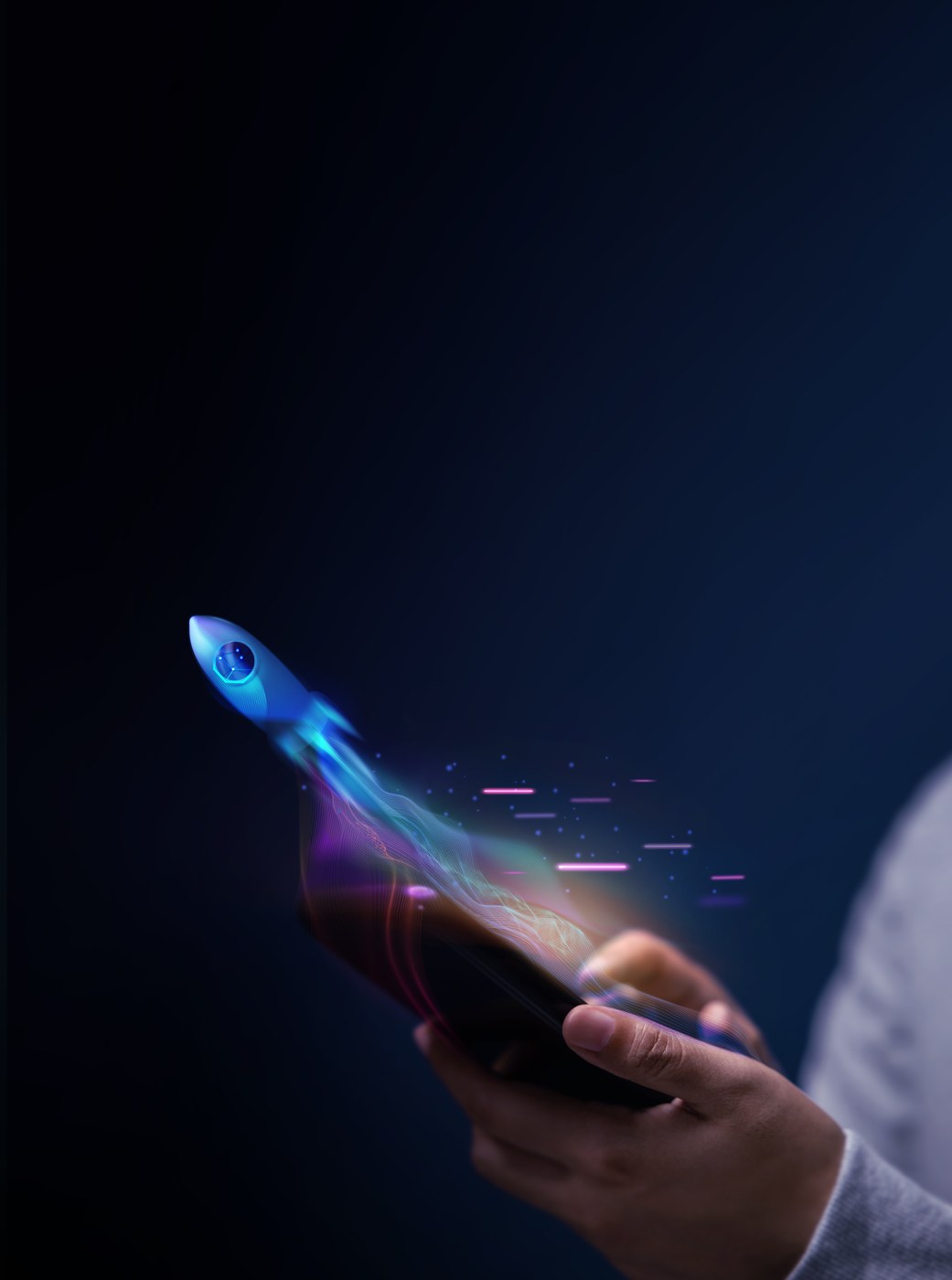 A rocket launching from a smartphone, illustrating digital product development